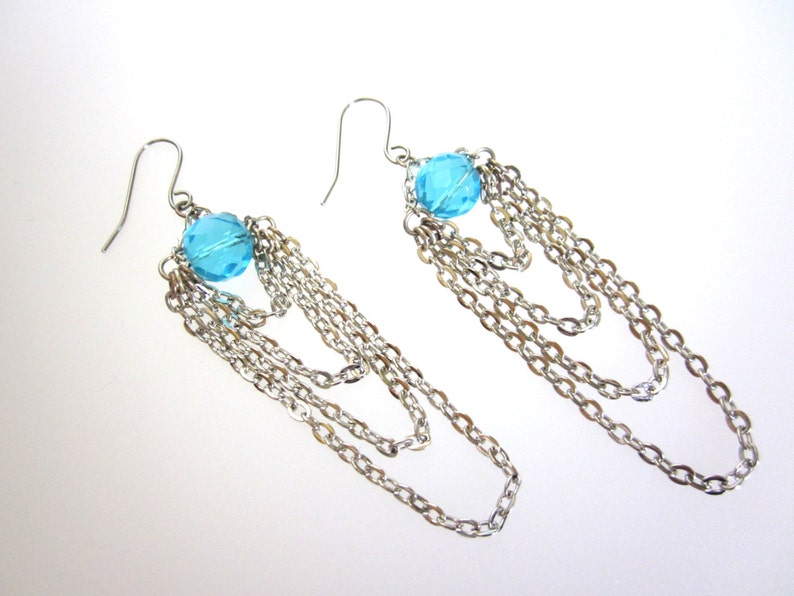 Chandelier Chain Earrings, ON SALE Drape Earrings, Ocean Teal Blues Chandelier Crystals Earrings, Cascading Down Earrings image 3