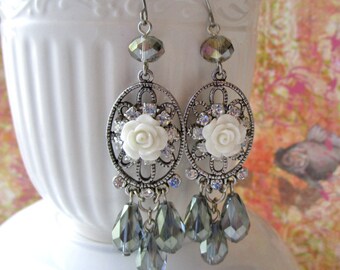 White Rose Earrings, ON SALE!!! Victorian Rhinestone ROSE Earrings, Crytal Teardrop Earrings, Romantic Earrings, Handmade Jewelry