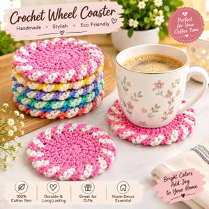 May include: A stack of round, multi-coloured crochet coasters featuring a spiral pattern in pink, white, yellow, blue, and orange yarn. One pink and white coaster sits separately, and another supports a white ceramic mug with a floral print.