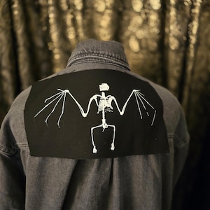 White Bat Skeleton Back Patch - Goth Punk Horror Screen print canvas patch