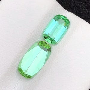 May include: Two rectangular-cut gemstones with a vibrant, light green colour. The gems are displayed on a white surface, showcasing their clarity and brilliance. The stones have a slight blue undertone, adding depth.