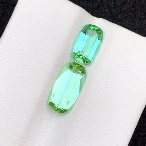 May include: Two light green, rectangular gemstones with rounded edges. The gems have a slight blue hue and are set against a white surface. The gems are faceted, reflecting light.
