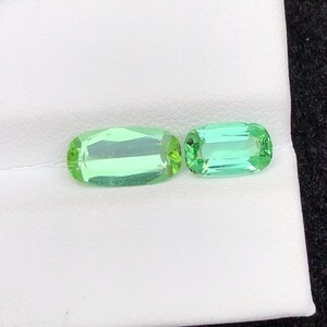 May include: Two light green, rectangular gemstones with rounded corners are displayed on a white surface. The gems have a transparent appearance, with visible facets. The larger gem is approximately 2.5 cm long, and the smaller gem is about 2 cm long.