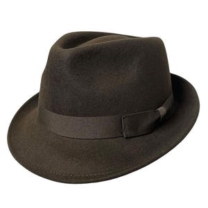 Peut inclure: Un chapeau fedora en feutre marron avec un ruban noir et un petit nœud.