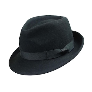 May include: A black fedora hat with a black ribbon.