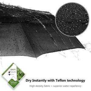 Peut inclure: Un parapluie noir avec des gouttelettes d'eau sur le tissu. Le parapluie est fabriqu&eacute; avec la technologie Teflon pour une imperm&eacute;abilit&eacute; sup&eacute;rieure. Le texte "SHIELD+" et "DuPont Teflon fabric protector" est visible sur l'image.
