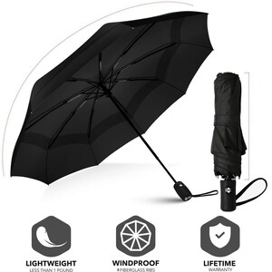 Peut inclure: Un parapluie noir avec une poign&eacute;e noire et une garantie &agrave; vie. Le parapluie est coupe-vent et l&eacute;ger, pesant moins de 450 grammes.
