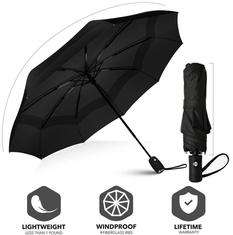 Peut inclure: Un parapluie noir avec une poign&eacute;e noire et une garantie &agrave; vie. Le parapluie est coupe-vent et l&eacute;ger, pesant moins de 450 grammes.