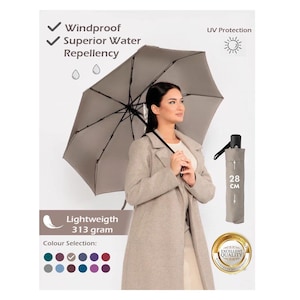 Puede incluir: Un paraguas gris con un mango negro y una punta plateada. El paraguas está abierto y lo sostiene una persona. El paraguas es a prueba de viento, repele el agua y tiene protección UV. El paraguas es ligero y pesa 313 gramos. El paraguas está disponible en una variedad de colores.