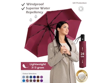 Parapluie de voyage coupe-vent - Compact, léger, ouverture/fermeture entièrement automatique - Parapluie sac à dos pliant pour une protection UV contre la pluie et le soleil (bordeaux)