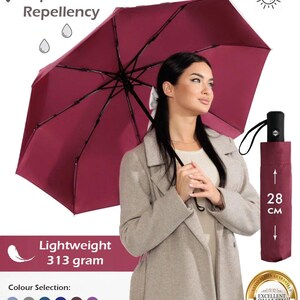 Peut inclure: Un parapluie bordeaux avec une poign&eacute;e noire et une &eacute;tiquette noire et blanche indiquant "Satisfaction garantie Excellente qualit&eacute;". Le parapluie est ouvert et tenu par une personne portant un manteau gris. Le parapluie mesure 28 cm de long lorsqu'il est ferm&eacute;. Le parapluie est l&eacute;ger et p&egrave;se 313 grammes. Le parapluie est coupe-vent, hydrofuge et offre une protection UV.