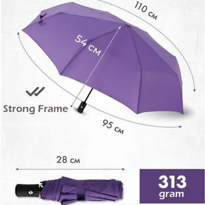 Peut inclure: Un parapluie violet avec une armature solide, mesurant 54 cm de diam&egrave;tre lorsqu'il est ouvert. Il mesure 28 cm de long lorsqu'il est ferm&eacute; et p&egrave;se 313 grammes.