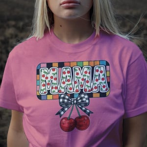 Retro Cherry Mama Shirt - Cute Gingham Bow Mom Tee - Colorful Vintage Fruit Design - Mother&#39;s Day Gift - Kawaii Aesthetic Mom T-Shirt.
