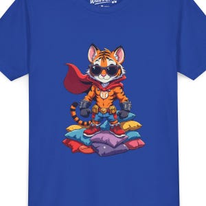 Superhero Tiger Kids T-Shirt - Cool Cartoon Cat in Cape and Shades Standing on Pillows, Funny Gift for Boys & Girls Who Love Adventure