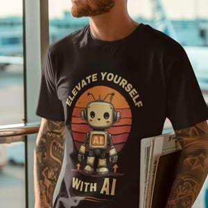 Elevate Yourself with AI Shirt - Funny Robot Tee, Futuristic Techwear, Cyberpunk Style, Gift for AI Lovers & Prompt Engineers