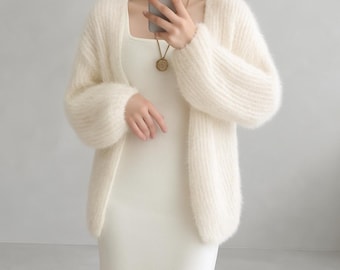 Soft Mohair Cardigan – Cozy Knit Jacket, Fluffy Oversized Sweater, One Size Lightweight Outerwear for Fall and Winter Layers, Gift Ready.