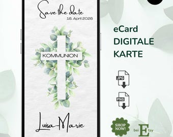 Tarjeta electrónica para guardar la fecha con cruz de eucalipto para comunión | Descarga digital moderna, plantilla Canva |