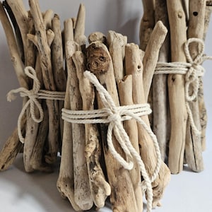 May include: Several bundles of driftwood tied with natural rope. The driftwood pieces are of varying sizes and shapes, showing light brown and tan colours. The rope is wrapped around the bundles and tied in a bow.
