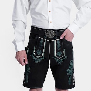 Mystic Black Lederhosen Shorts – Goat Suede Bavarian Leather Shorts with Embroidery, Oktoberfest Outfit
