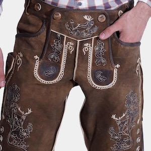 Pantalones de cuero Max Planck: pantalones cortos de ante de cabra color arce rústico con bordado / Pantalones de cuero bávaros para Oktoberfest para hombre