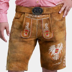 Tiroler Adler Lederhosen – Men’s Brown Goatskin Leather Shorts with Bavarian Embroidery for Oktoberfest & Traditional Events