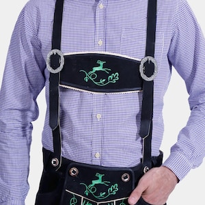 Böll Lederhosen in Black – Goat Leather Bavarian Shorts with Neon Green Embroidery, Belt/Suspenders, Adjustable Fit, Custom Option