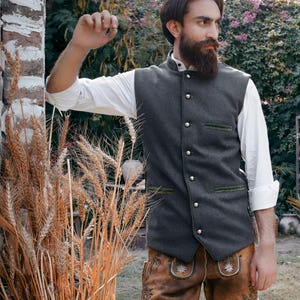 Men&#39;s Trachten Vest, Charcoal Wool Bavarian Waistcoat, German Oktoberfest Attire, Traditional Wedding Vest with Antique Buttons, Josh Peck