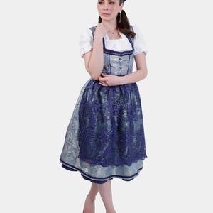 Mystic Blue Dirndl Nastassja – Elegant Bavarian Oktoberfest Dress for Women with Lace Apron – Custom Length