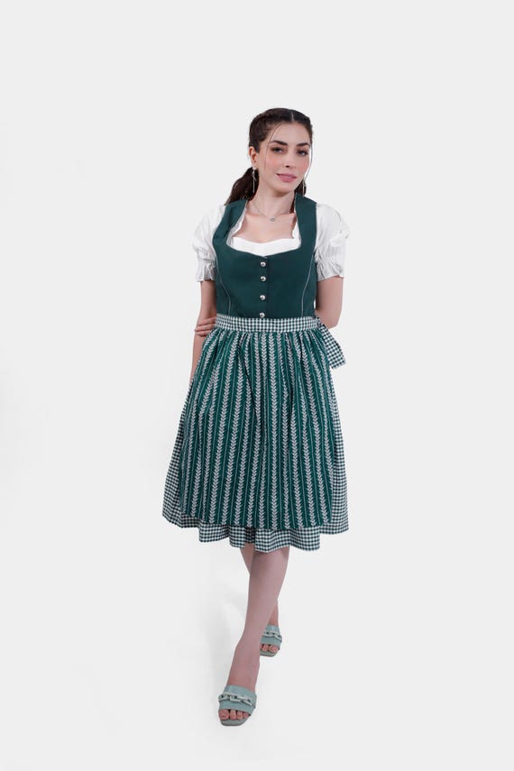 Mystic Green Dirndl Dress Mona - Traditional Bavarian Oktoberfest Outfit for Women with Apron - Custom Length Options