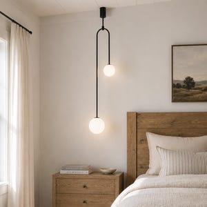 Modern Double Globe Pendant Light | Minimalist Black & Gold Hanging Light | Bedside Pendant Lamp | Opal Glass Ceiling Bedroom Lighting