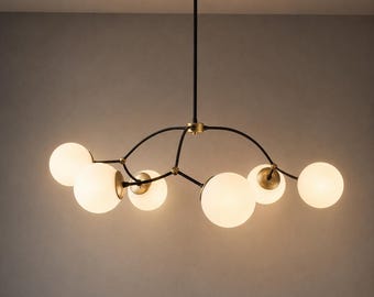 Modern 6-Light Globe Chandelier – Mid Century Modern Opal Glass Pendant Light, Adjustable Ceiling Light, Black & Brass Dining Room Lighting