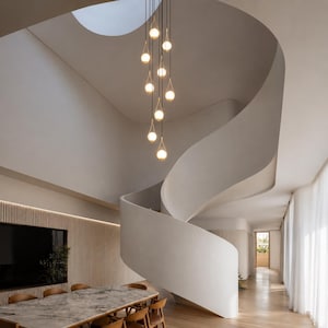 Custom Teardrop Stairwell Chandelier, Multi Drop Glass Globe Pendant Light, High Ceiling Foyer Lighting, Modern Cascading Entryway Fixture