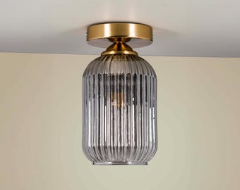 Modern Semi Flush Mount Ceiling Light with Ribbed Glass Shade, Pleated Smoked Glass, Modern Classic Ribbed Glass Ceiling Light
