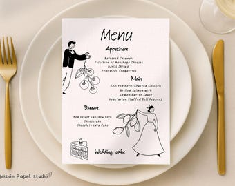 Hand-Drawn Wedding Menu & Place Card Set: Minimalist Canva Template (Digital Download)