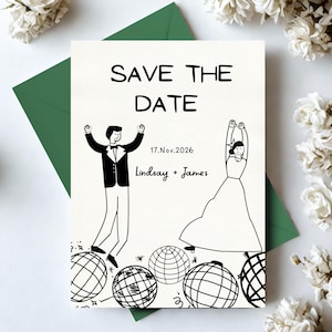 Plantilla para guardar la fecha / Estilo disco retro dibujado a mano / Diseño Canva editable / Tarjeta de boda imprimible