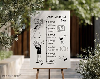 Modello di cronologia del matrimonio disegnato a mano / Cartello modificabile con l'ordine degli eventi / Cronologia minimalista e moderna