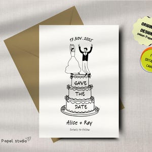 Save the Date Template | Editable Wedding Invitation | Hand Drawn Cake Design | Canva Digital Download