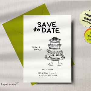 Plantilla para guardar la fecha / Invitación de boda imprimible / Ilustración con garabatos dibujados a mano / Descarga digital / Ilustración de pastel / stdDod1