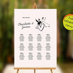 Editable Seating Chart Template | Wedding Table Seating Sign | Retro Illustration Canva Design | Instant Download, 3 sizes