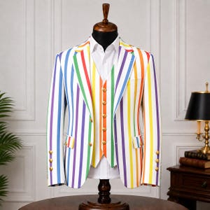 Herrenanzug mit Regenbogenstreifen | Buntes Blazer- und Westenset | Maßgeschneiderter, handgefertigter Pride-Anzug | Jacke für Festivals, Hochzeiten und Partys
