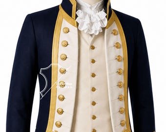 Puede incluir: Una chaqueta de estilo militar azul marino con ribetes dorados y botones de latón, sobre un chaleco color crema con una chorrera blanca. La chaqueta presenta un cuello alto y detalles de galones dorados en los puños. Texto Top Leather Artisan.
