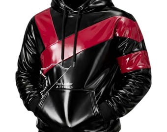 Sudadera con capucha de PVC negro brillante y rojo – Estilo charol, estilo urbano cyberpunk