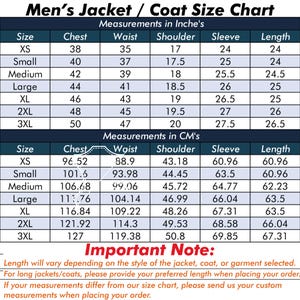 Puede incluir: Una tabla de tallas para chaquetas y abrigos con dos secciones que muestran medidas en pulgadas y cent&iacute;metros. La tabla enumera tallas de XS a 3XL con dimensiones de pecho, cintura, hombro, manga y largo. Incluye una nota importante.