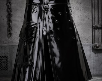 Black Patent Leather Utility Kilt for Men | Glossy PVC Gothic Kilt | Cyberpunk Festival Skirt | Alternative Fashion | Handmade