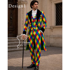 May include: A long-tailed suit jacket, vest, and trousers featuring a vibrant multi-colored diamond harlequin pattern in red, yellow, blue, and green. The jacket has black lapels and cuffs. A white ruffled cravat is worn at the neck.