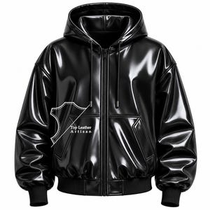 Puede incluir: Una sudadera con capucha y cremallera en color negro brillante, con acabado lustroso, mangas largas, puños acanalados y dobladillo acanalado. El frente incluye una cremallera central, dos bolsillos laterales y un logo blanco con el texto Top Leather Artisan.