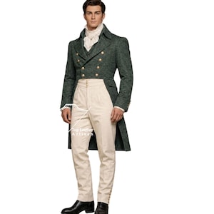 May include: A dark green textured tailcoat with double-breasted gold buttons, paired with high-waisted cream trousers and a white cravat. The garment features a white graphic overlay with the text Top Leather Artisan on the left side.