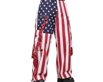 Pantalones cargo góticos con bandera estadounidense personalizados hechos a mano, pantalones anchos, pantalones holgados, ropa de calle