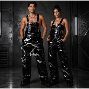 May include: Two sets of black glossy patent leather overalls featuring adjustable shoulder straps, a front bib pocket with a silver zipper, and wide-leg trousers. A white graphic logo with the text Top Leather Artisan is visible on the left leg.