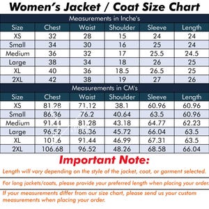 Puede incluir: Una tabla de tallas para chaquetas y abrigos con dos tablas que muestran medidas en pulgadas y cent&iacute;metros para tallas de XS a 2XL. La tabla incluye columnas para pecho, cintura, hombro, manga y largo. El texto al pie indica: Important Note: Length will vary depending on the style of the jacket, coat, or garment selected. For long jackets/coats, please provide your preferred length when placing your order. If your measurements differ from our size chart, please send us your custom measurements when placing your order.